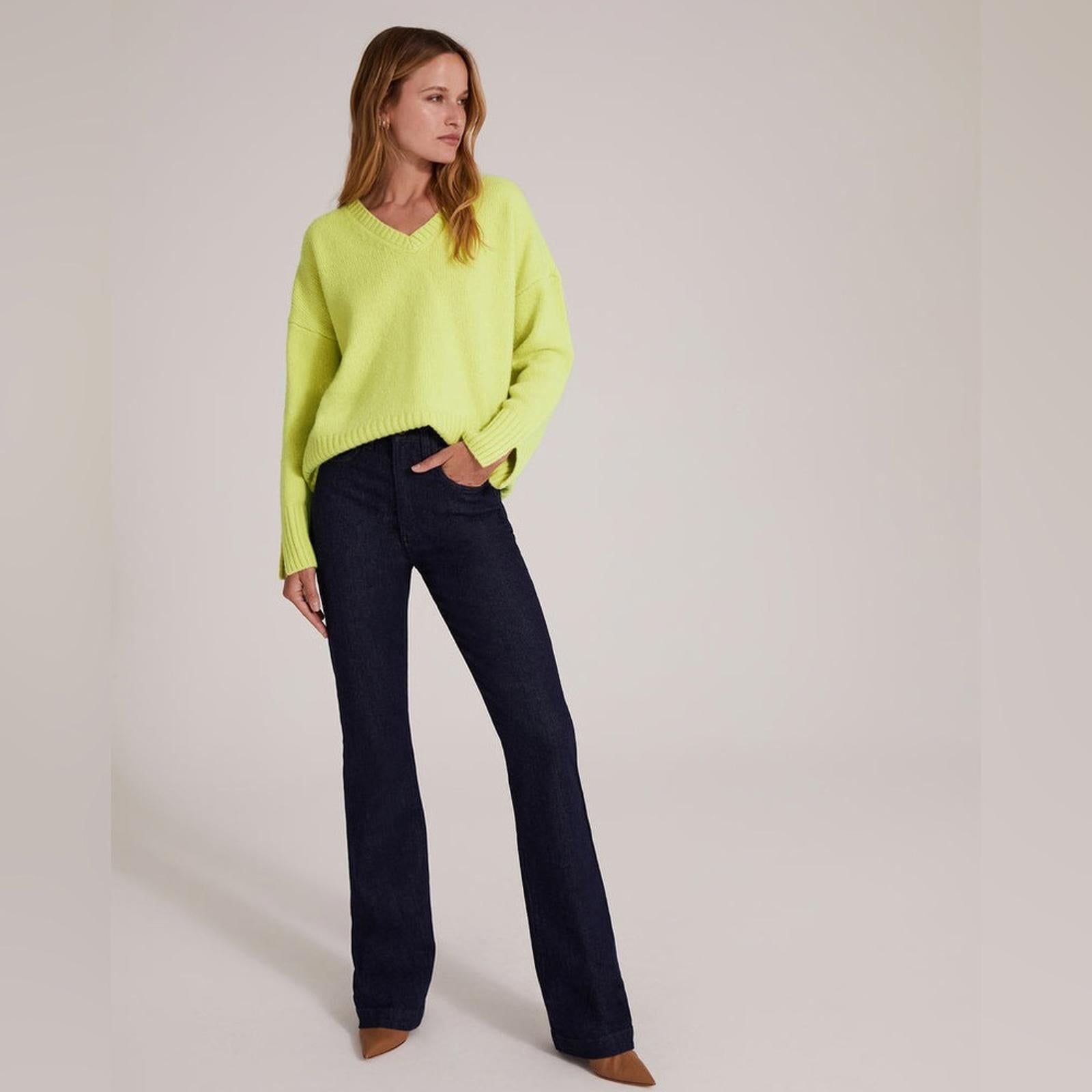 Favorite Daughter The William V-Neck Wool & Cashmere Blend Sweater, Citron NWT