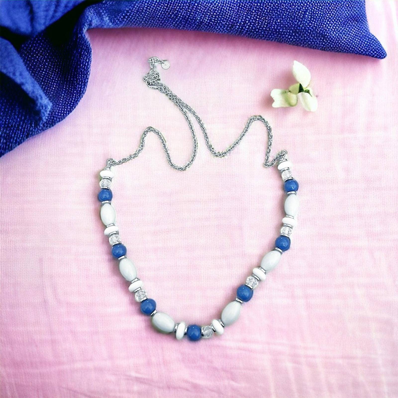 Talbots Silver-Tone Beaded Necklace in Blue, White