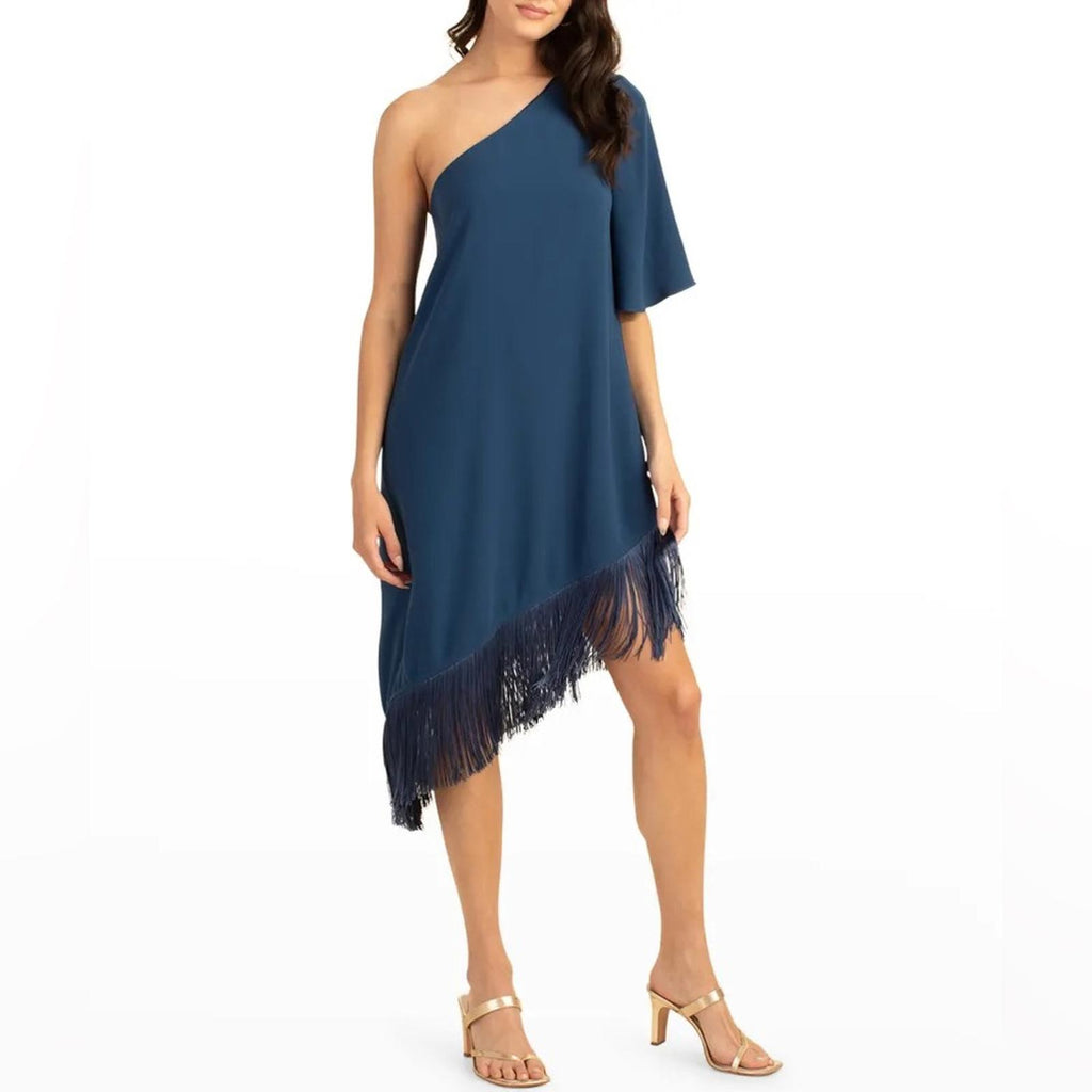 Trina Turk Gull One-Shoulder Fringe-Hem Dress, Size L New w/Tag