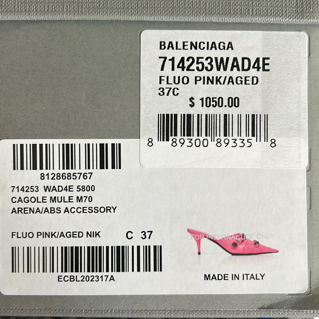 Balenciaga Cagole Pointed Toe Mules Mule in Fluo Pink/Aged Nickel, Size 37 NEW