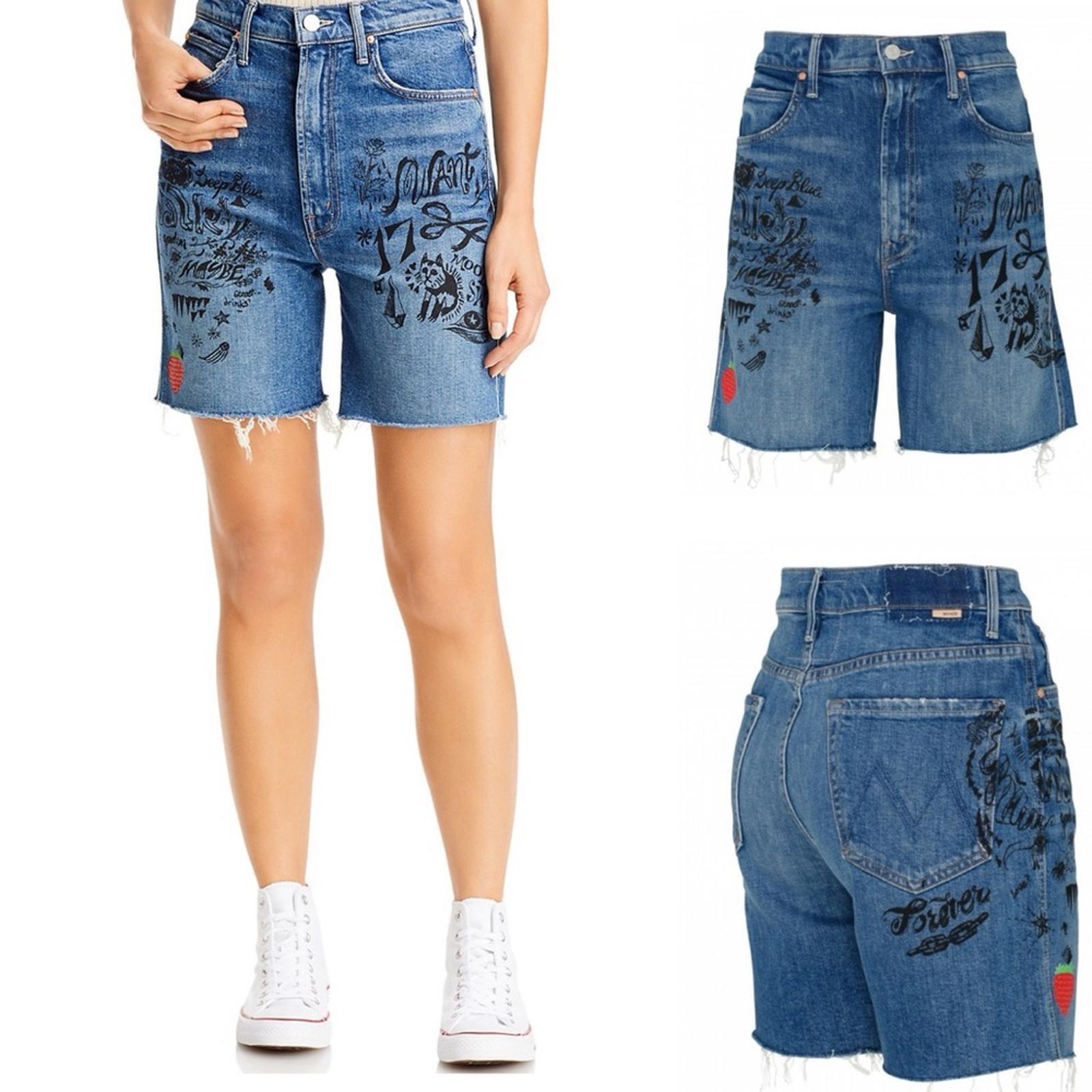 Mother High-Waisted Smokin’ Short Fray Jeans w/Strawberry Patch, Size 26 NWT