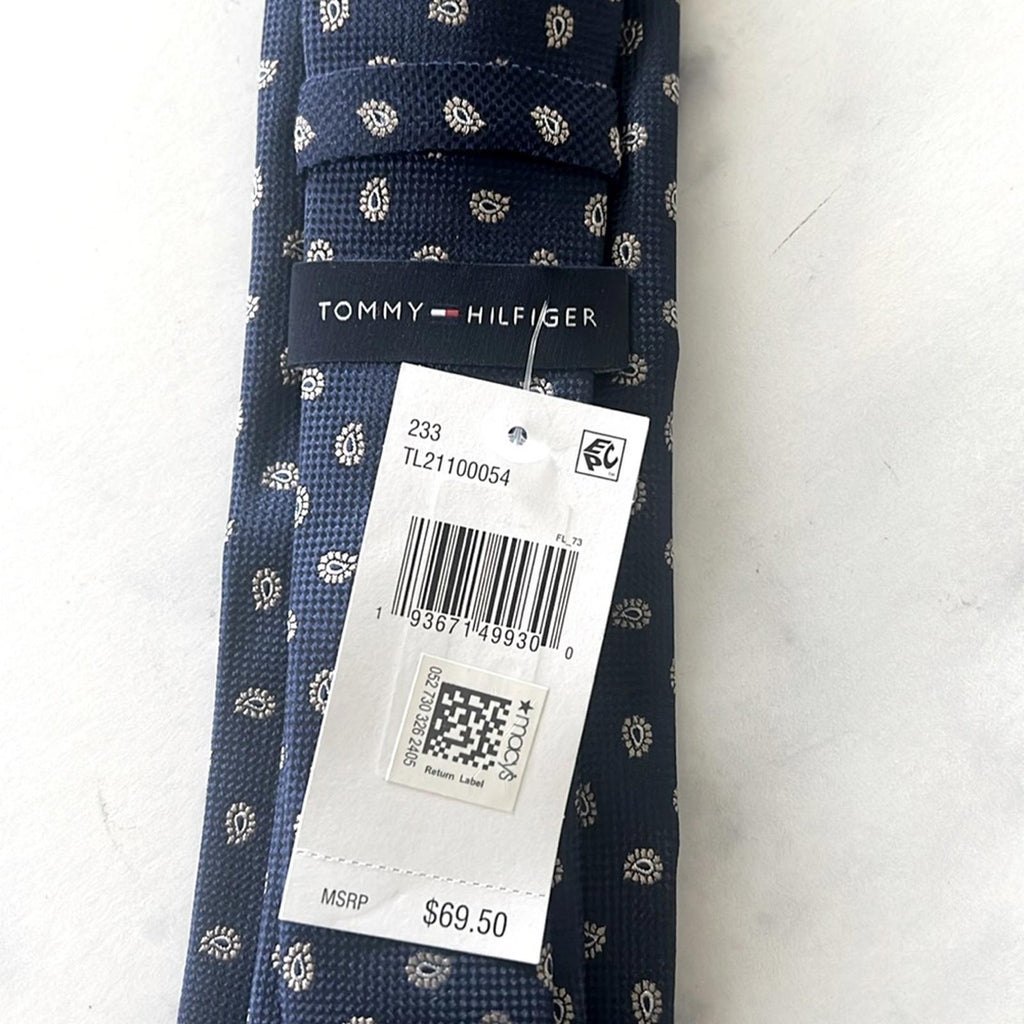 Tommy Hilfiger Classic Paisley Pine Tie in Navy/Taupe, One Size, NWT