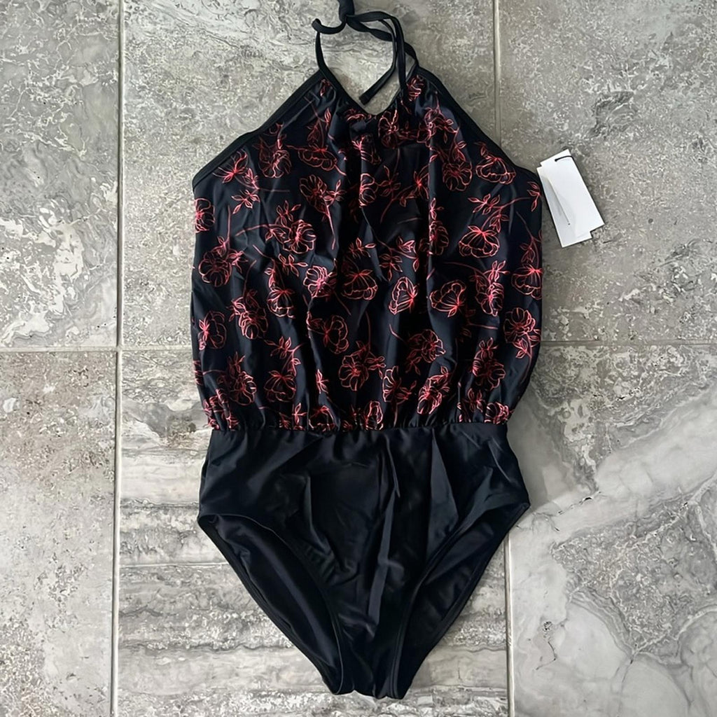 Calvin Klein High Neck Halter Blouson in Black/Red, Size 10 NEW w/Tag $118