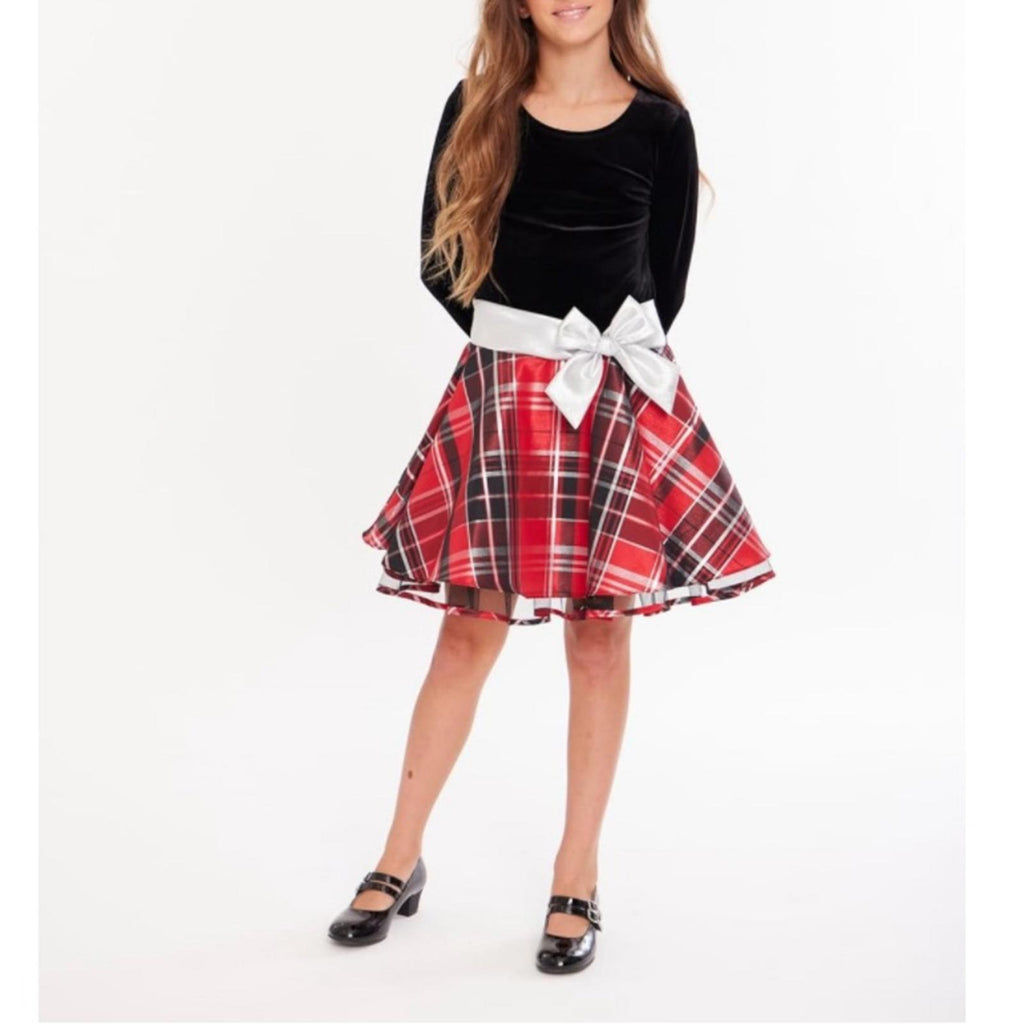 Bonnie Jean Long Sleeve Velvet Bodice w/Plaid Skirt Dress, Red Black 2/2T NEW