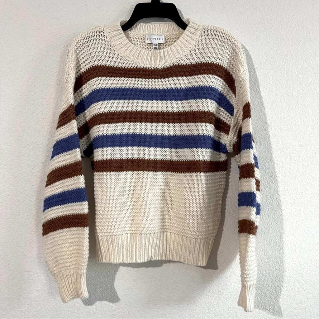 Lucy Paris Dominic Striped Crewneck Sweater in Cream/Brown/Blue Size XS NEW wTag