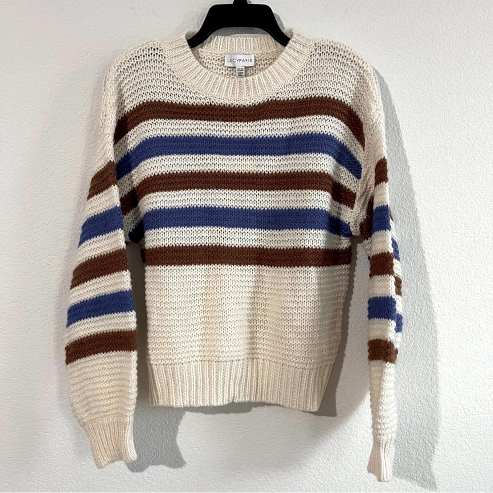 Lucy Paris Dominic Striped Crewneck Sweater in Cream/Brown/Blue Size XS NEW wTag