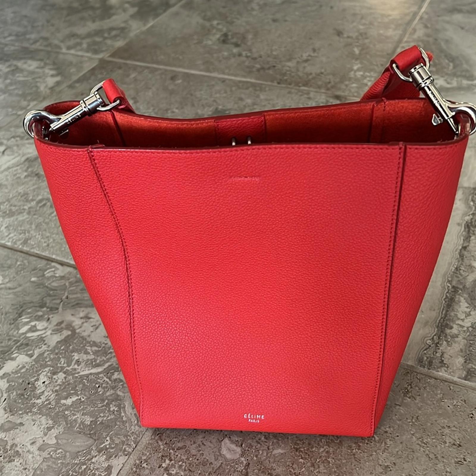 Celine Sangle Small Bucket Bag in Small Grain Calfskin in Red, Like NEW