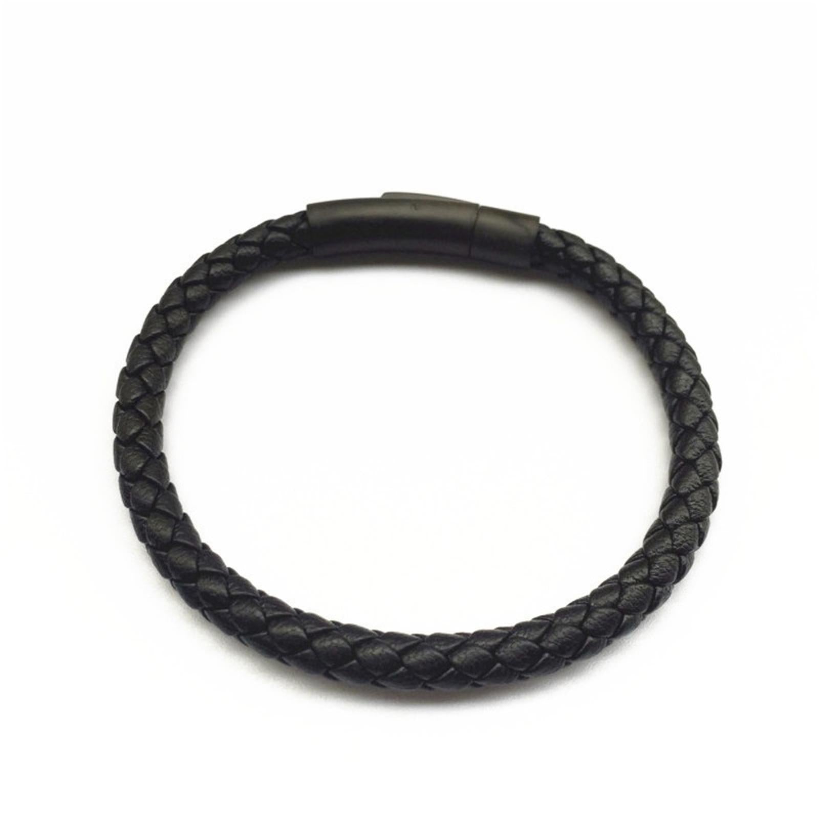 Macy’s Black Leather Bangle Bracelet in Stainless Steel New w/Tag Retail $110