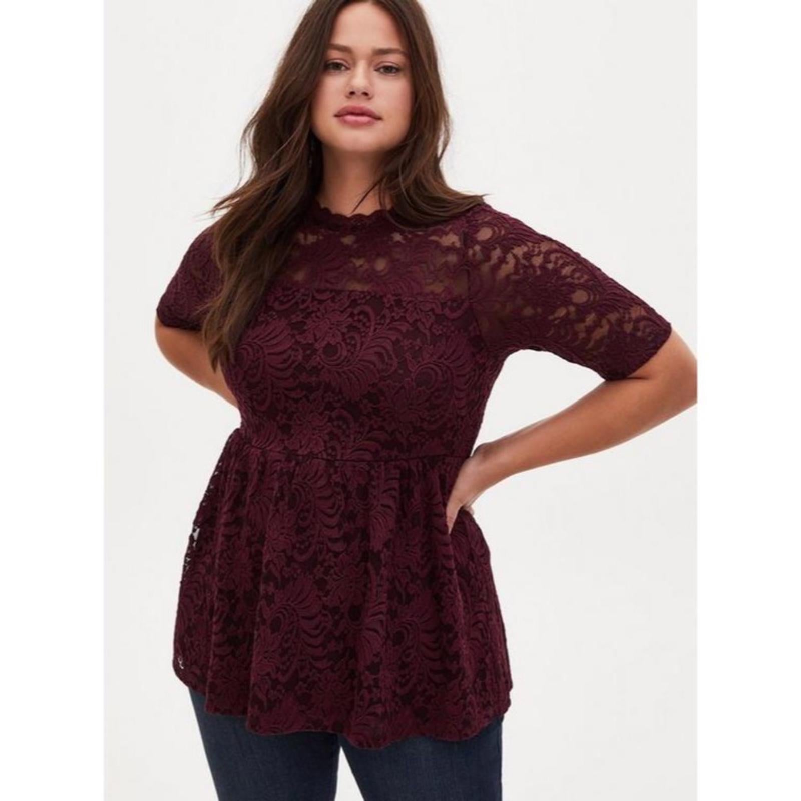 Torrid Babydoll Lace High Neck Short Sleeve Top in Wine Red, Size L New w/Tag