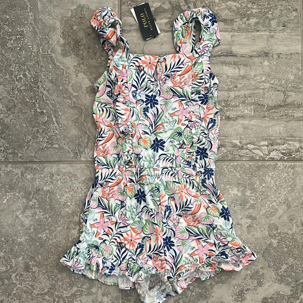 Polo Ralph Lauren Tropical-Print Ruffled Cotton Romper, Size M(8-10) NEW w/Tag