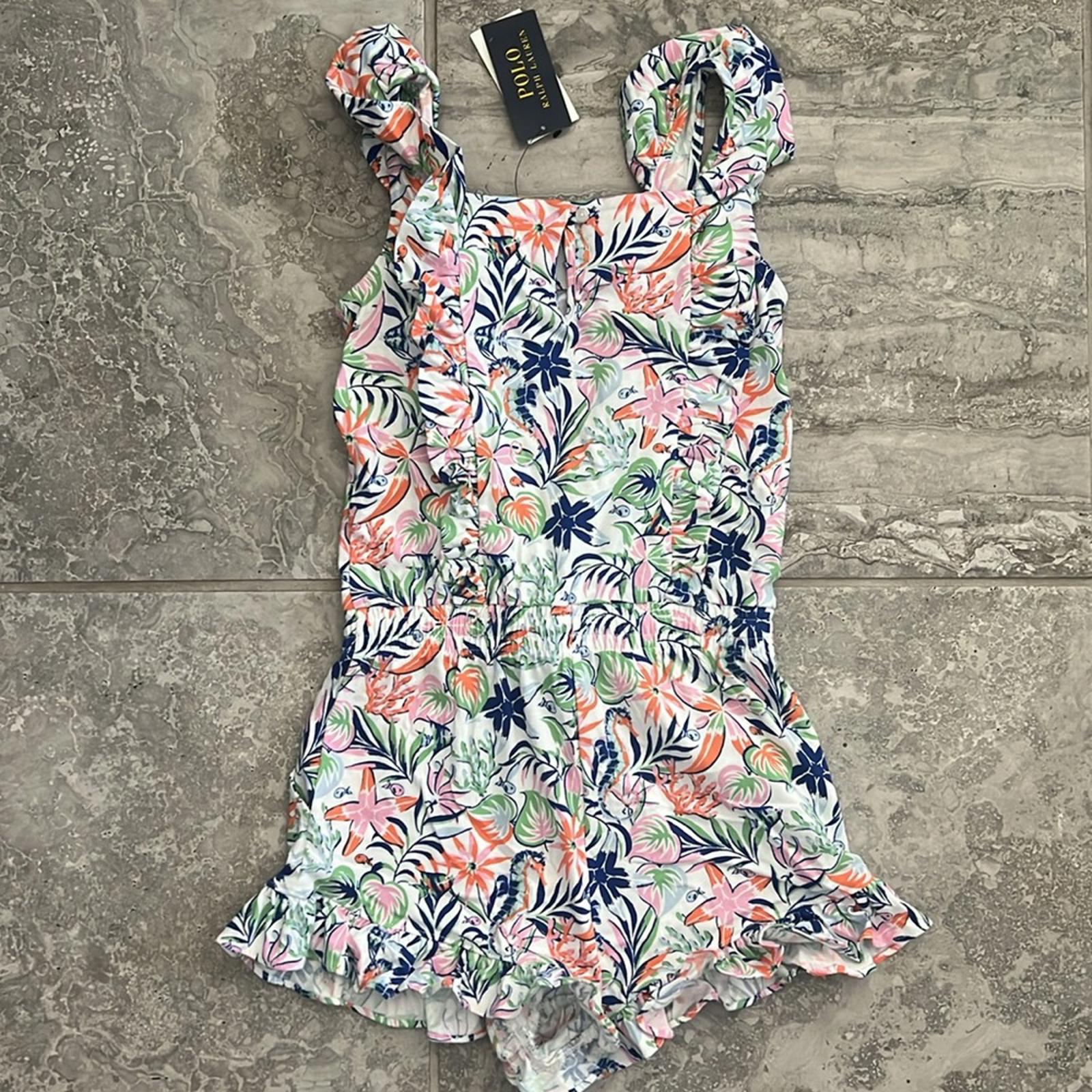 Polo Ralph Lauren Tropical-Print Ruffled Cotton Romper, Size M(8-10) NEW w/Tag
