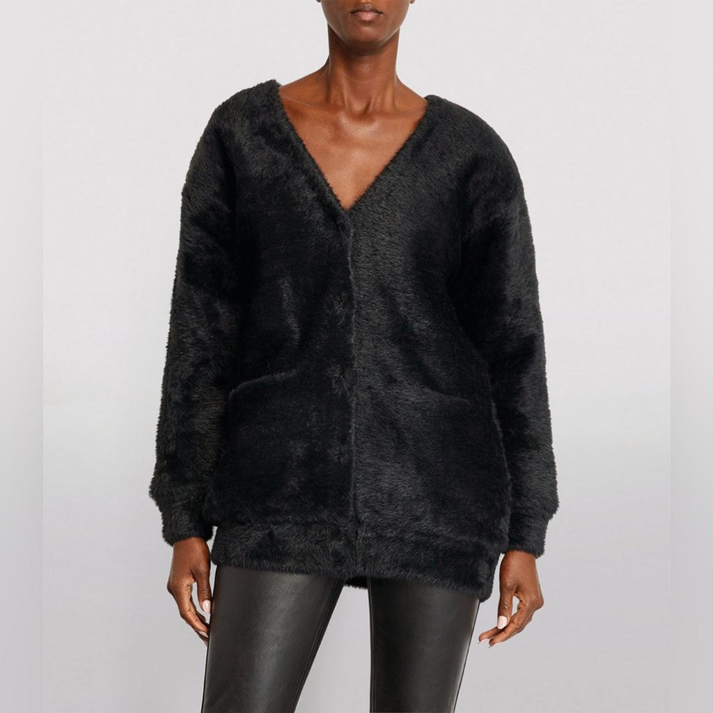 New ALEXANDER WANG V-Neck Faux Fur Cardigan w/Quilted Lining in Black Size L NWT