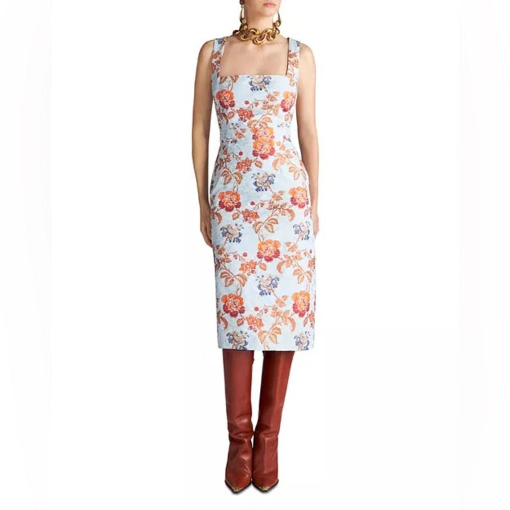 Etro Jacquard Floral Sheath Dress in Pale Blue Multi, Size 36, NEW $2300