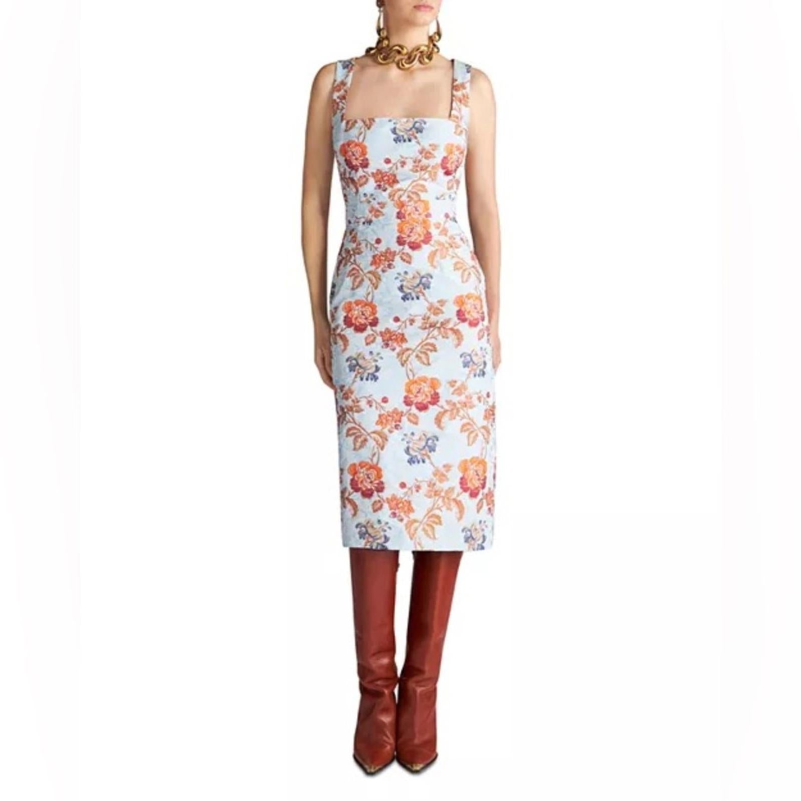 Etro Jacquard Floral Sheath Dress in Pale Blue Multi, Size 36, NEW $2300
