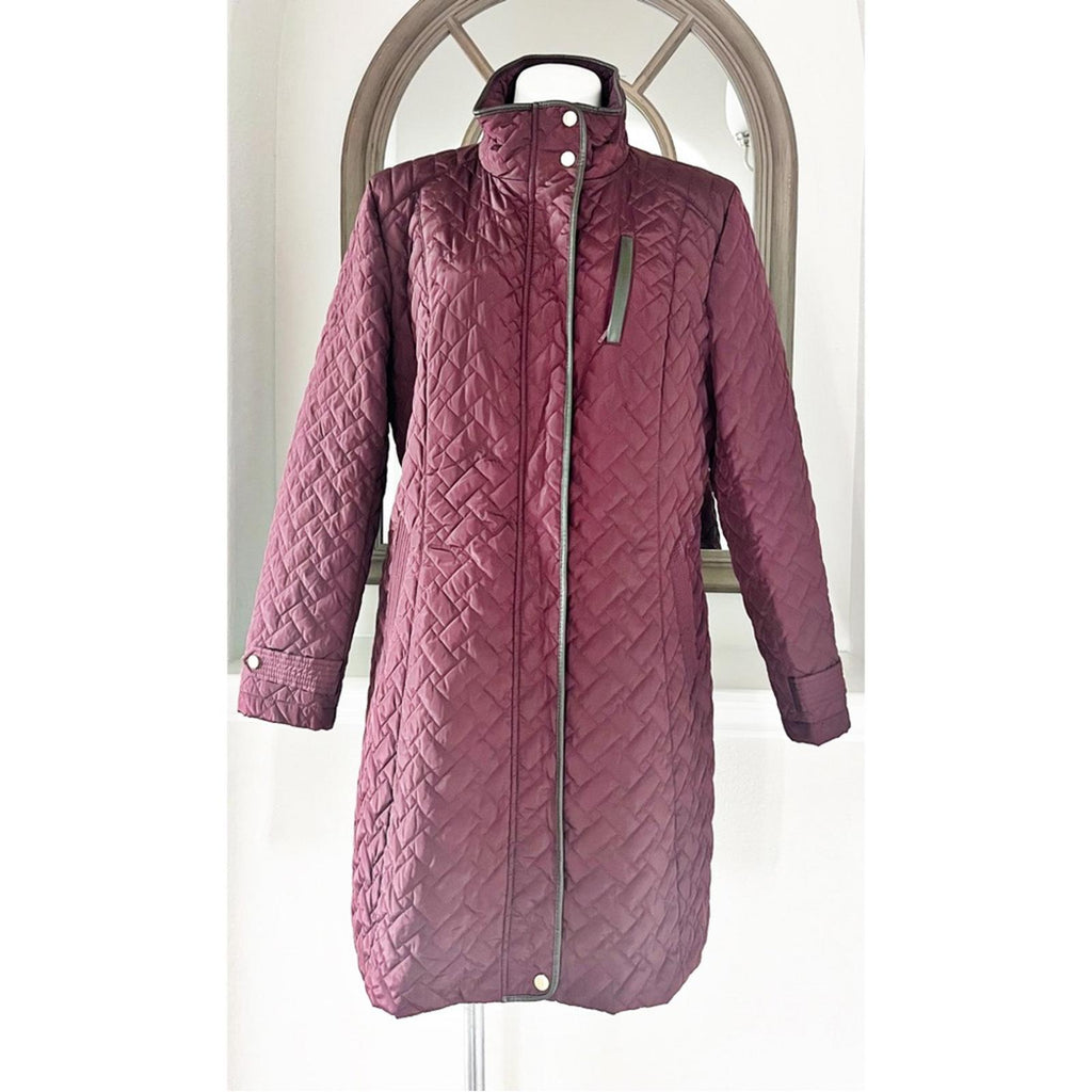 Cole Haan Burgundy Quilted Long Jacket w/Brown Leather Trim, NO BELT XL $260