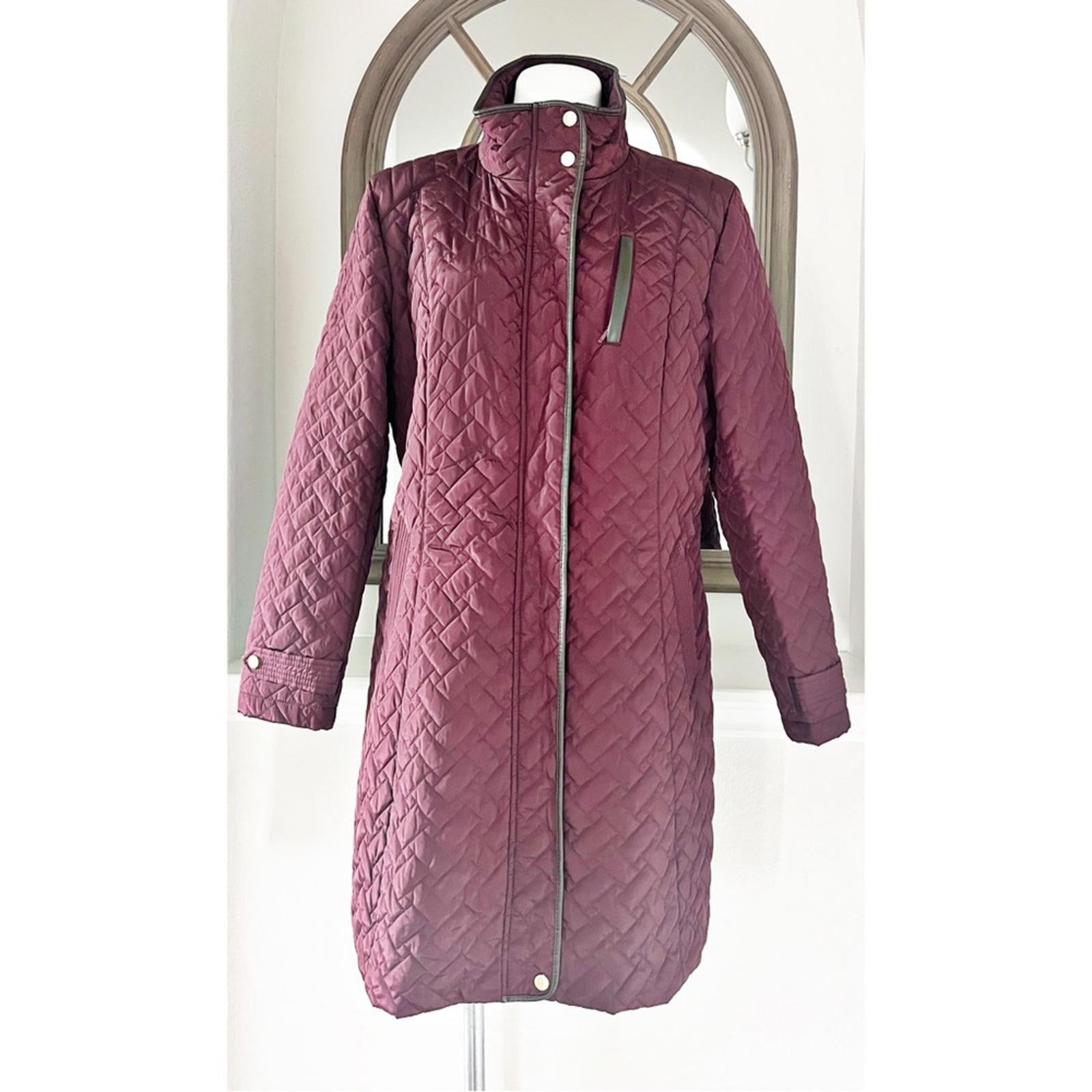 Cole Haan Burgundy Quilted Long Jacket w/Brown Leather Trim, NO BELT XL $260