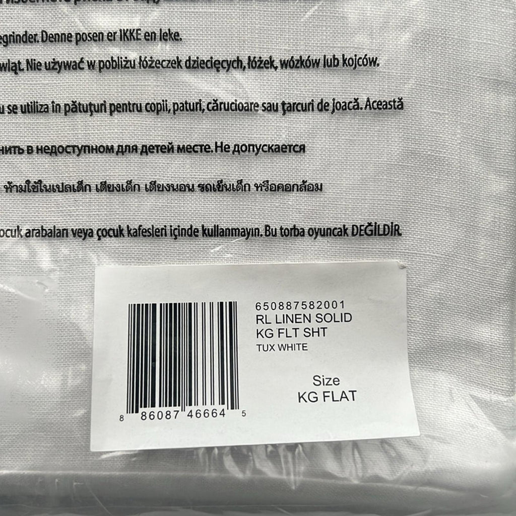 Ralph Lauren RL Linen Solid King Flat Sheet in Tux White, New w/Tag $325