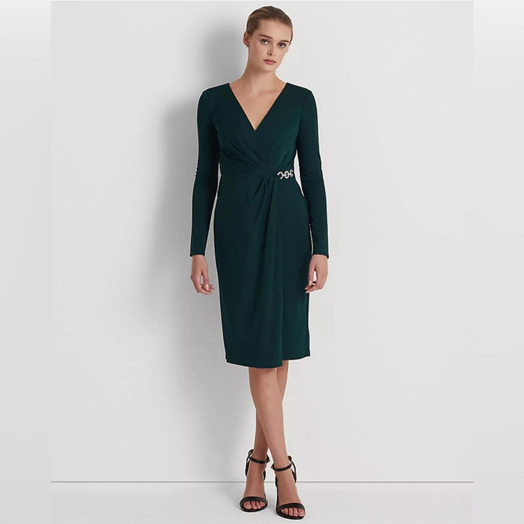 Lauren Ralph Lauren Jersey Surplice Cocktail Dress in  Green, Size 14, New w/Tag