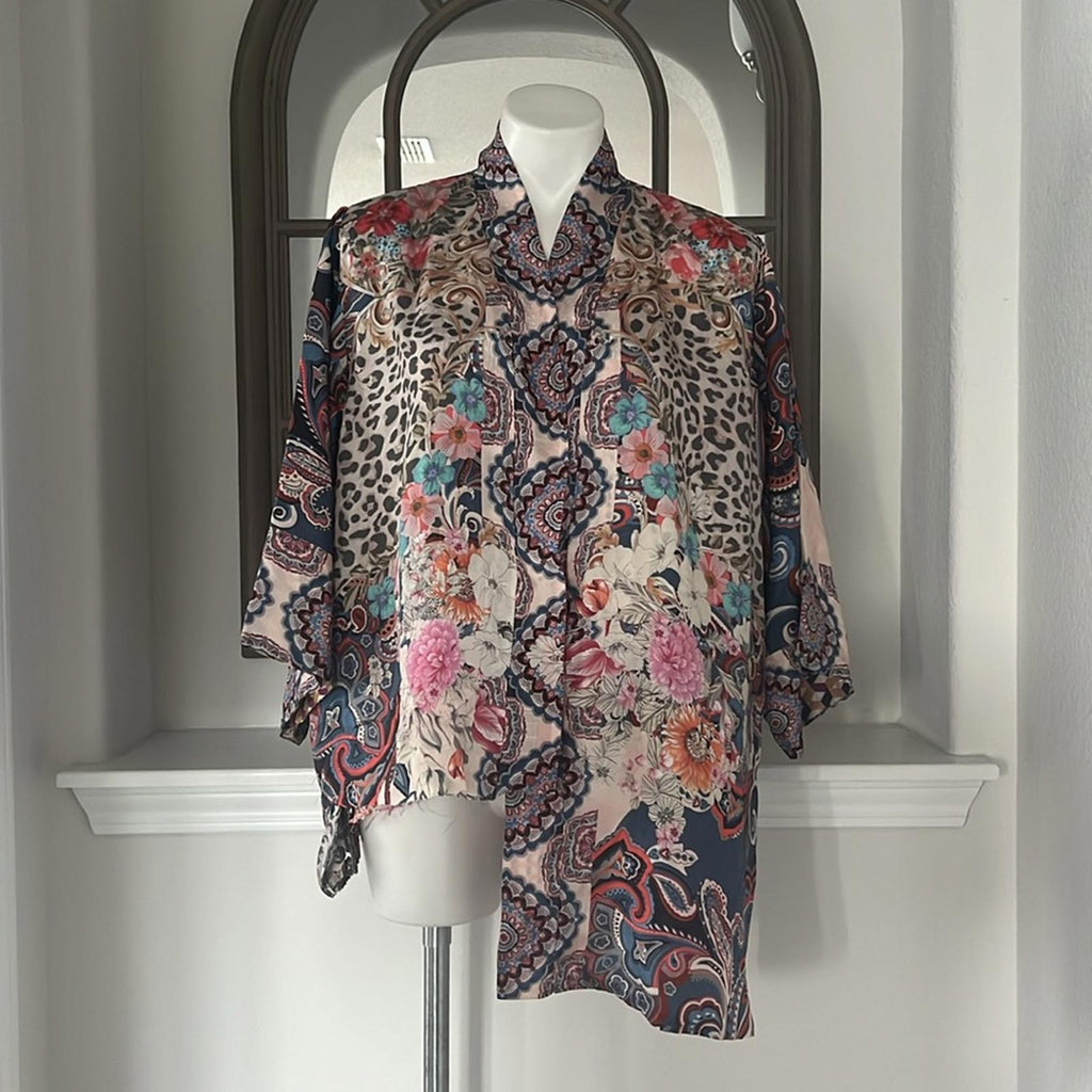 Johnny Was Betzy Emilia Paisley Print Silk Kimono, Size L New w/Defect $420
