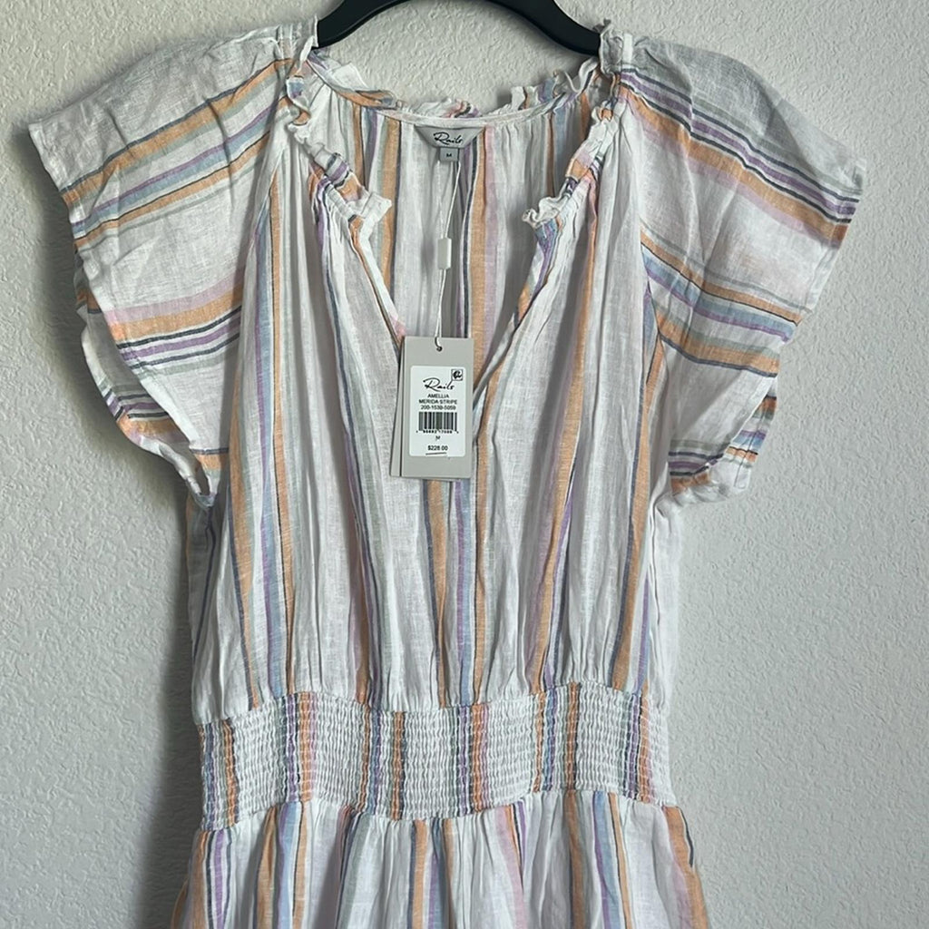 Rails Amellia Smocked Linen Midi Dress in Merida Stripe, Size M NEW w/Tag $228
