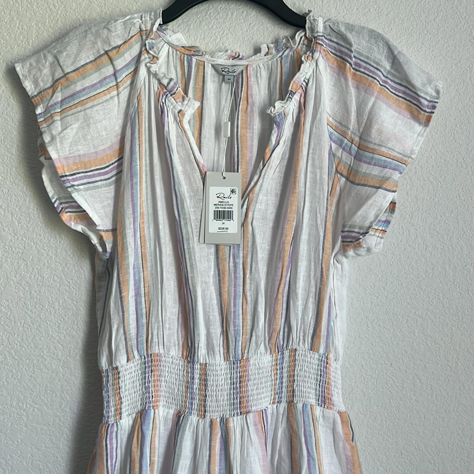 Rails Amellia Smocked Linen Midi Dress in Merida Stripe, Size M NEW w/Tag $228