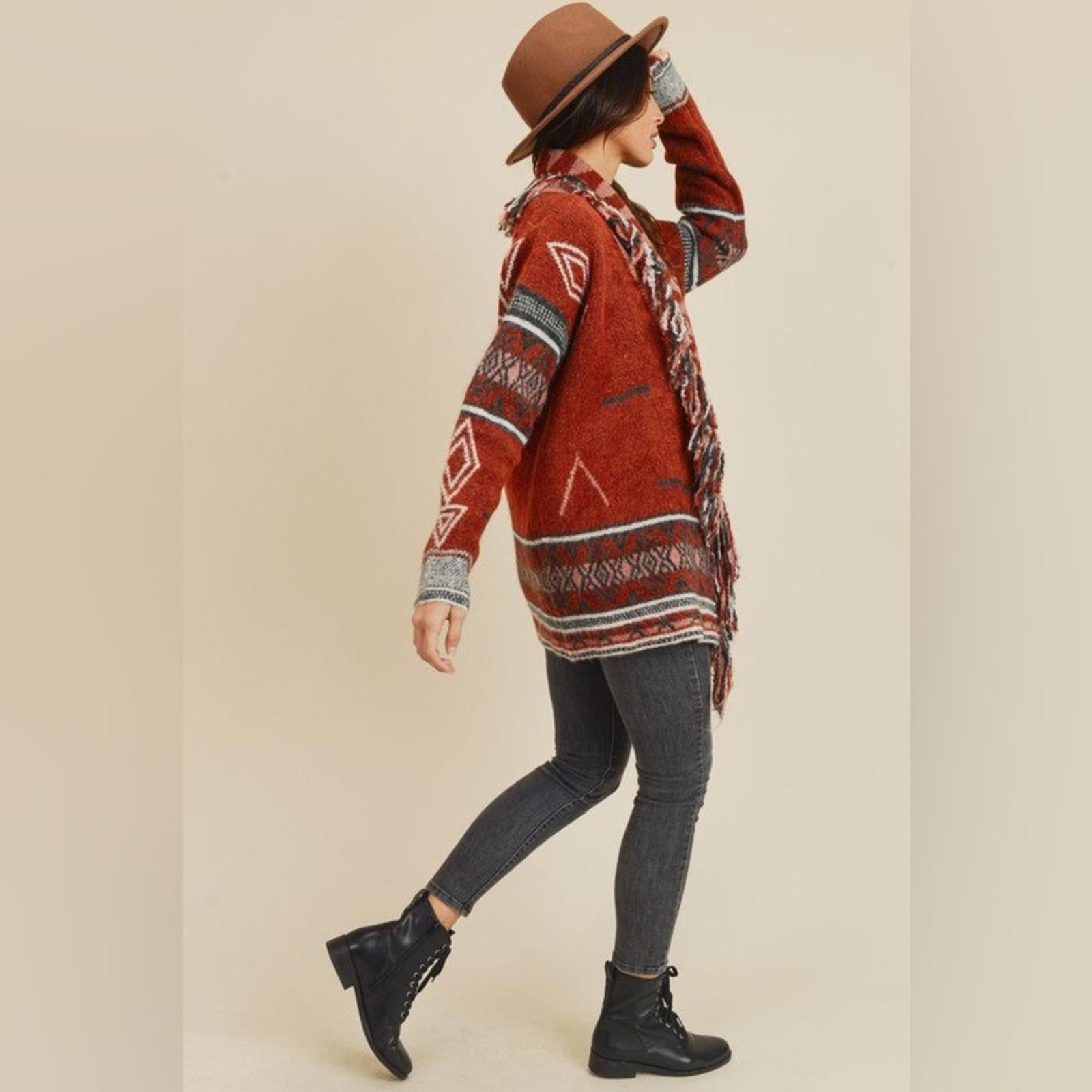 Doe & Rae Aztec Open Front Fringe Cardigan Sweater Brown Multi Size L EXCELLENT!