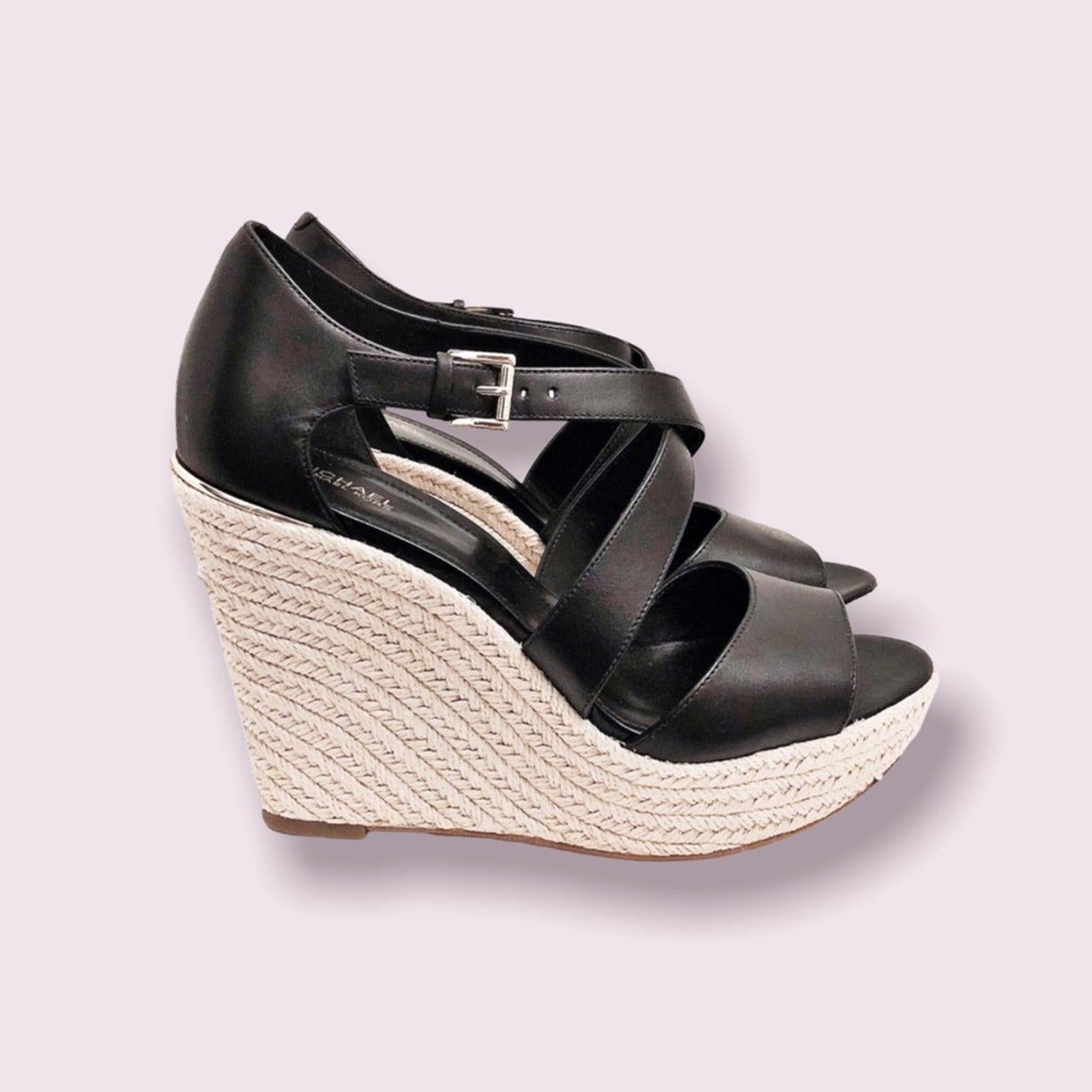 NEW Michael Kors Leather Wedge Sandals Espadrilles Black, Size 9.5 Retail $139