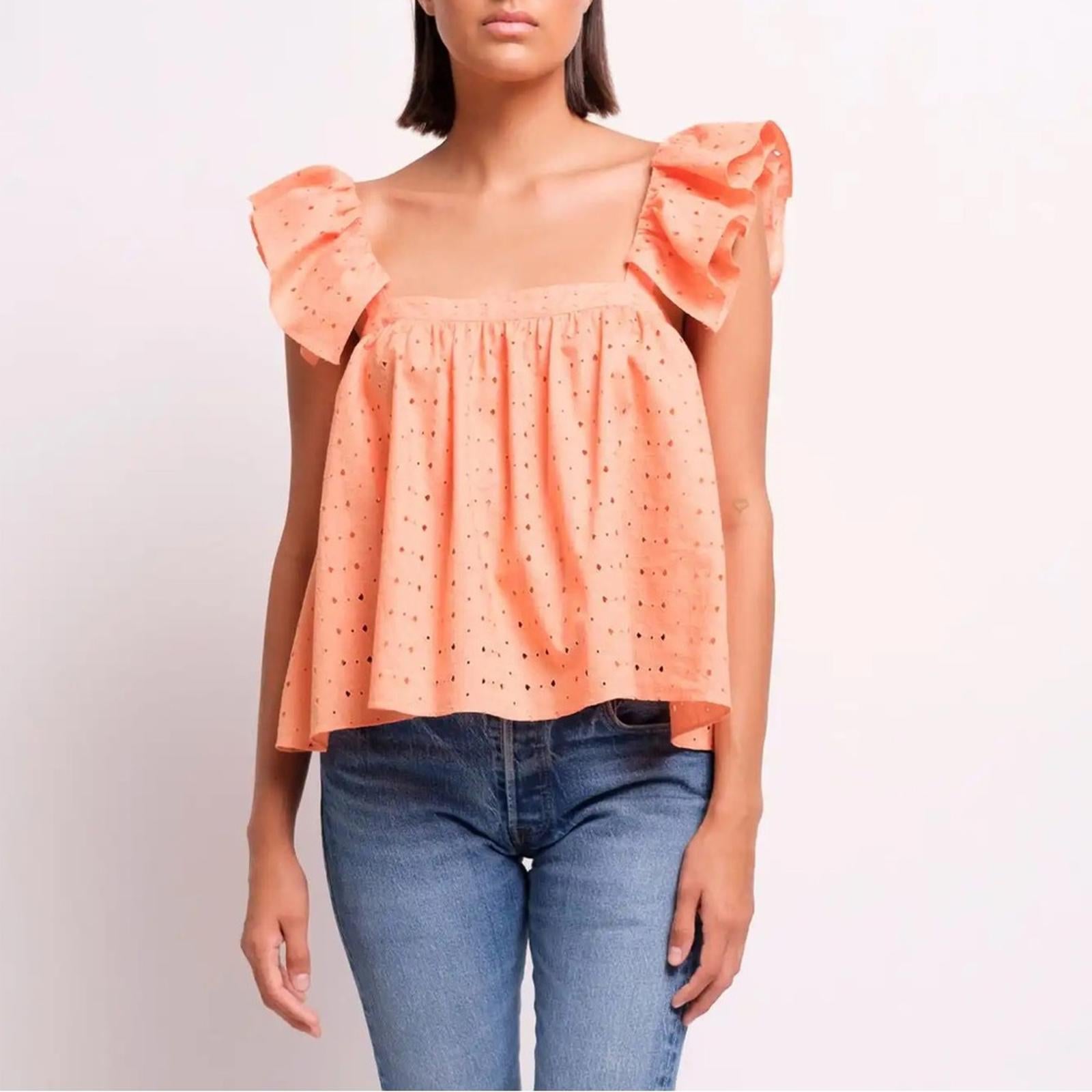 Katharine Kidd Double Ruffle Square Neck Sleeves Top, Peach Size M New w/Tag