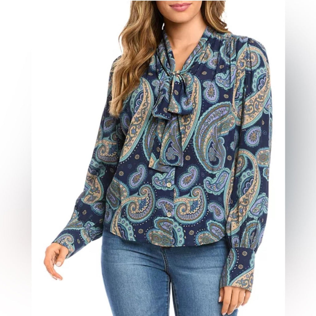 Karen Kane Long Sleeve Paisley Print Bow Neck Blouse, Size XL NEW w/Tag $168