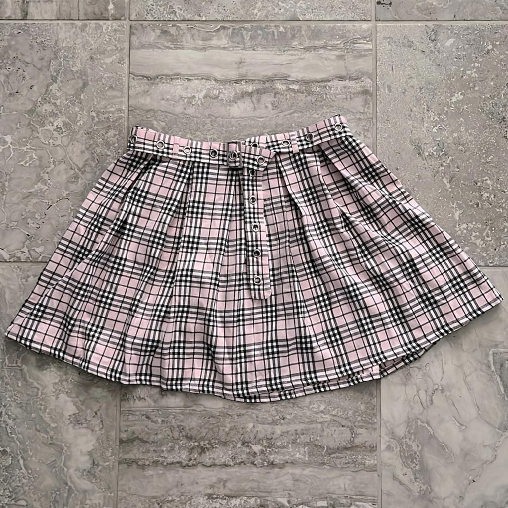 New Hot Topic Pink & White Plaid Grommet Belt Skirt, Size XL New w/Tag