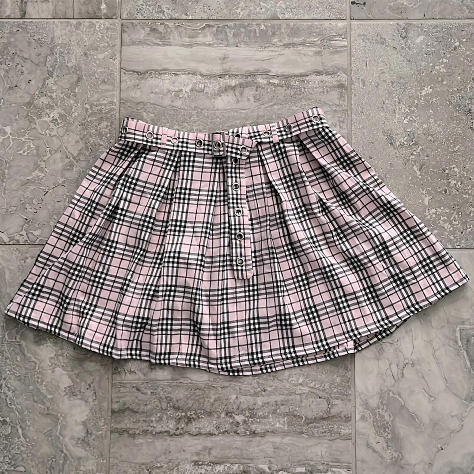 New Hot Topic Pink & White Plaid Grommet Belt Skirt, Size XL New w/Tag