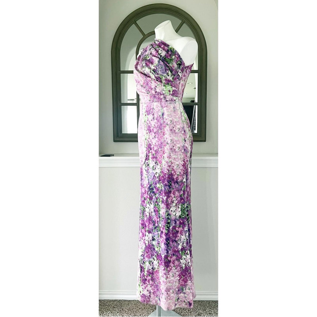 BADGLEY MISCHKA One-Shoulder Purple Orchid Gown, Size 4 Retail $990