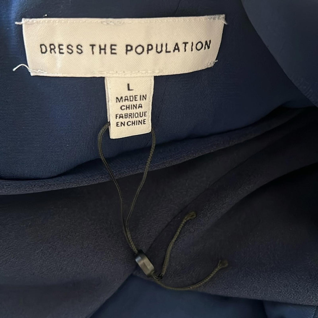 NEW Dress the Population Dana Wrap Waist Cocktail Dress Navy, Size L New w/o Tag