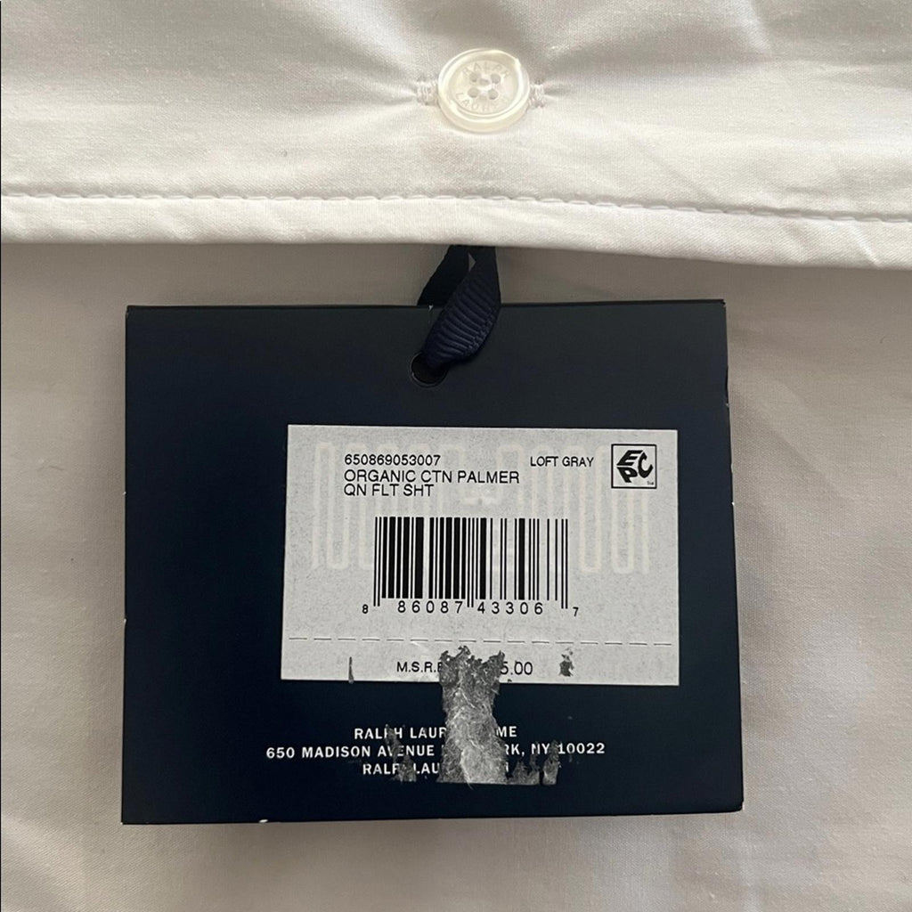 Ralph Lauren Home Organic Cotton Percale Palmer Queen Flat Sheet, Loft Gray, NEW