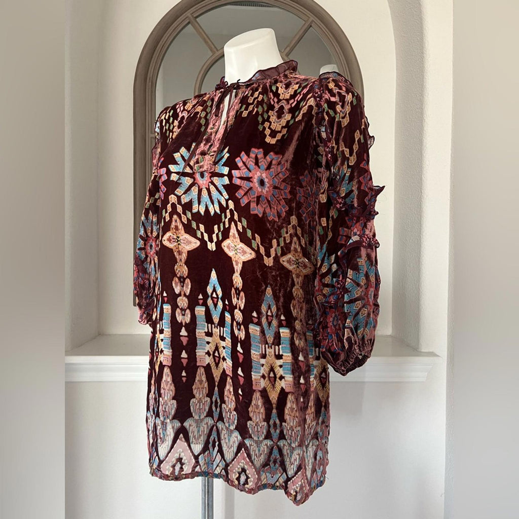NEW Johnny Was ‘Mali’ Silk & Velvet Tunic, Red Size XS New w/Tag Retail $375