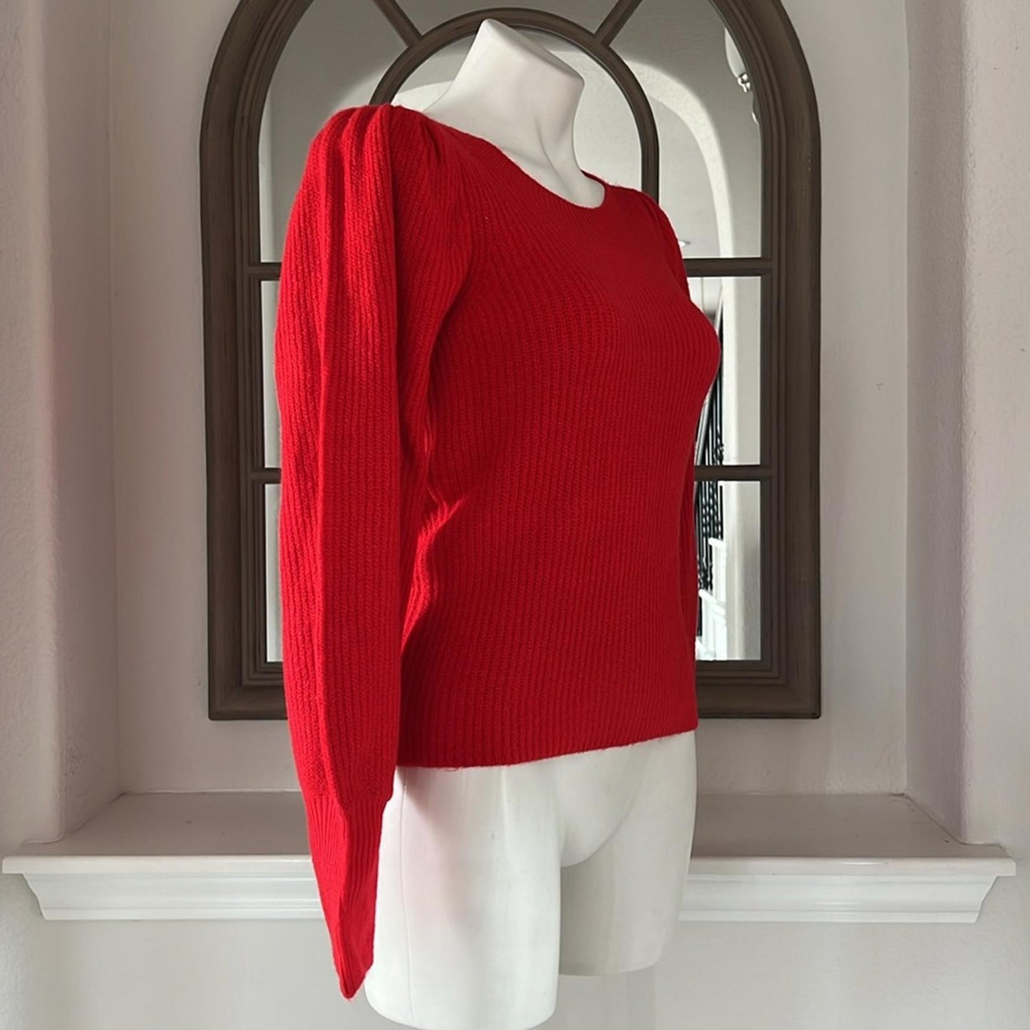 1.STATE Balloon Sleeve Crewneck Rib Sweater in Red, New, Size M