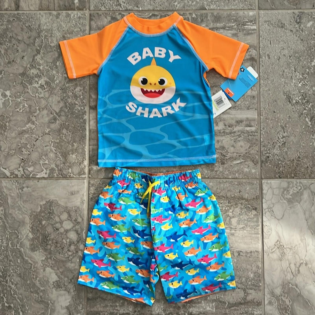 NWT PinkFong 2-Piece Baby Shark Swim Trunks Rash Guard Shirt Shorts Set Size 4T