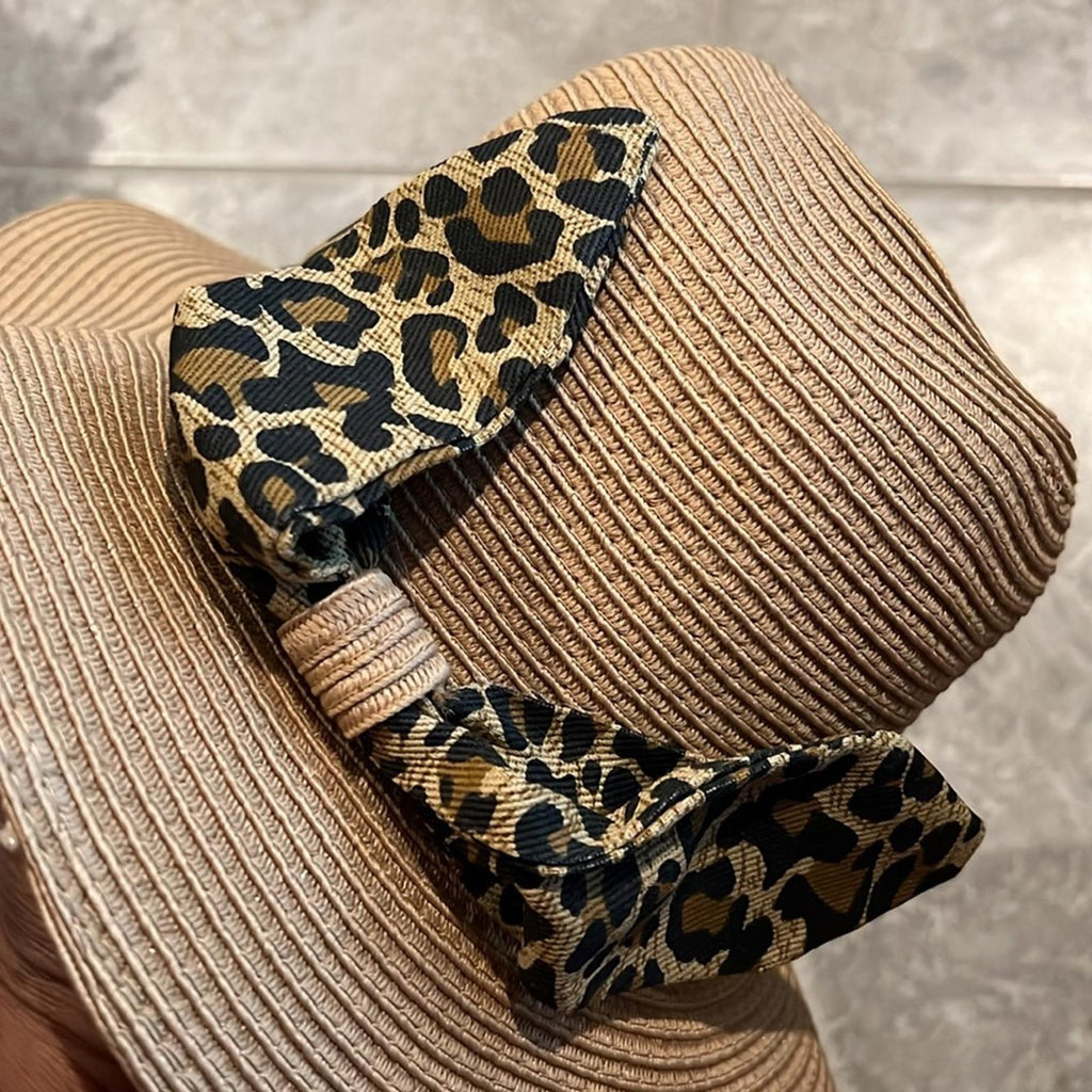 Nine West Wide Leopard Print Tie-Trim Packable Panama Hat, New w/Tag Retail $38