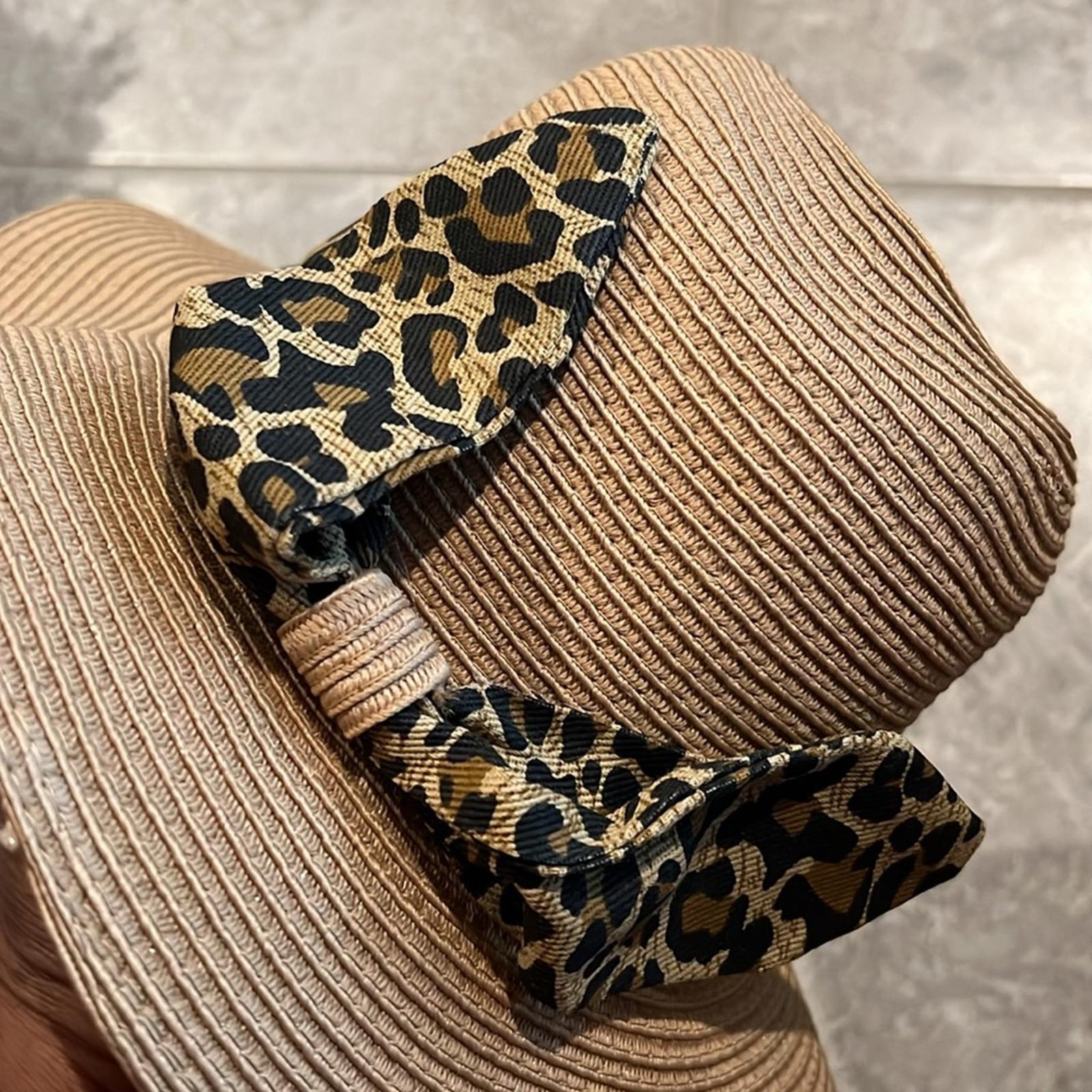 Nine West Wide Leopard Print Tie-Trim Packable Panama Hat, New w/Tag Retail $38
