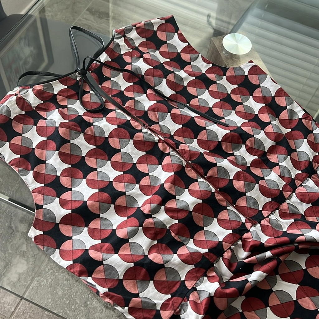 MARNI Geometric Print Tiered Dress w/Pockets & Leather Trim, Size 40 EXCELLENT!