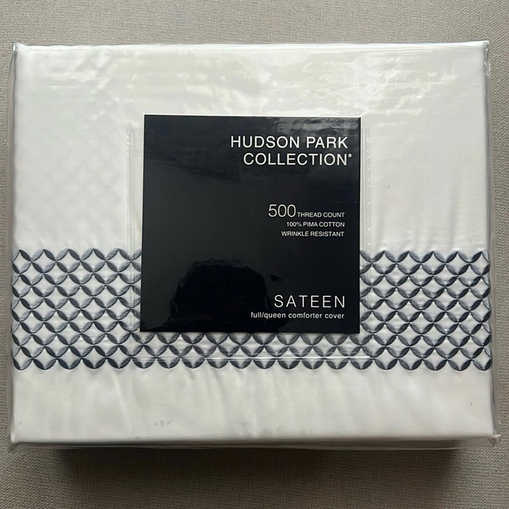 Hudson Park Collection Blue 500TC Embroidered Geo Duvet Cover, Queen NWT $330