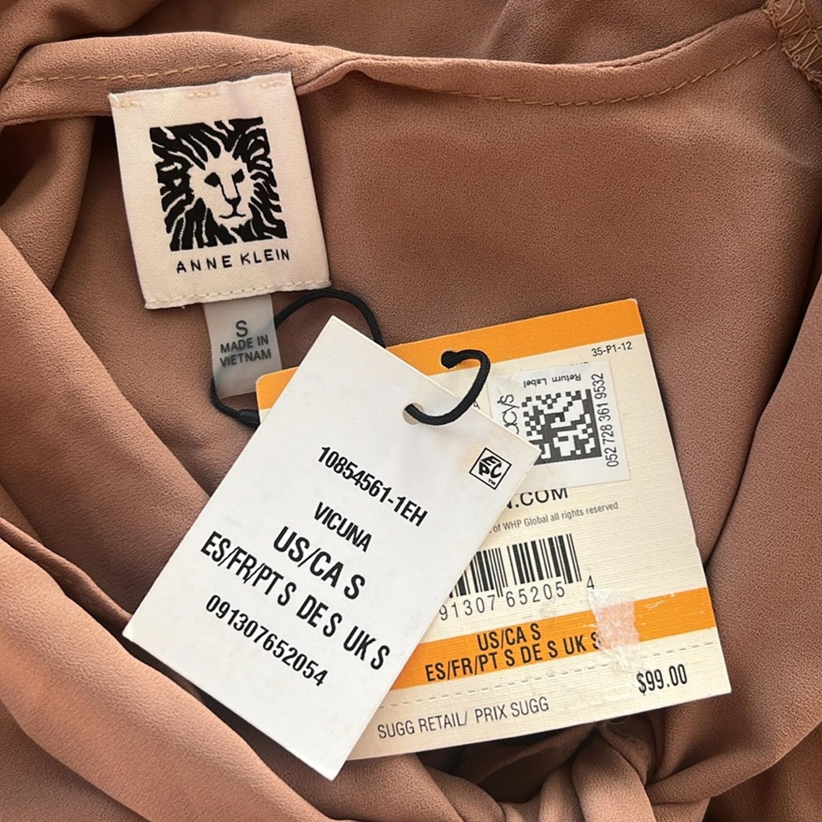 Anne Klein Blouson-Sleeve Tie-Neck Top in Brown, Size S New w/Tag, Retail $99