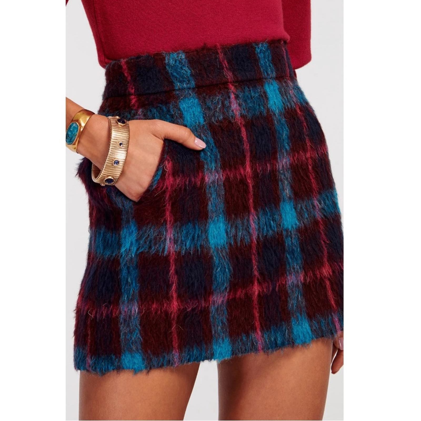Ramy Brook Cienna Plaid Wool Blend Skirt Sangria/Gemstone Size 10 New w/Tag
