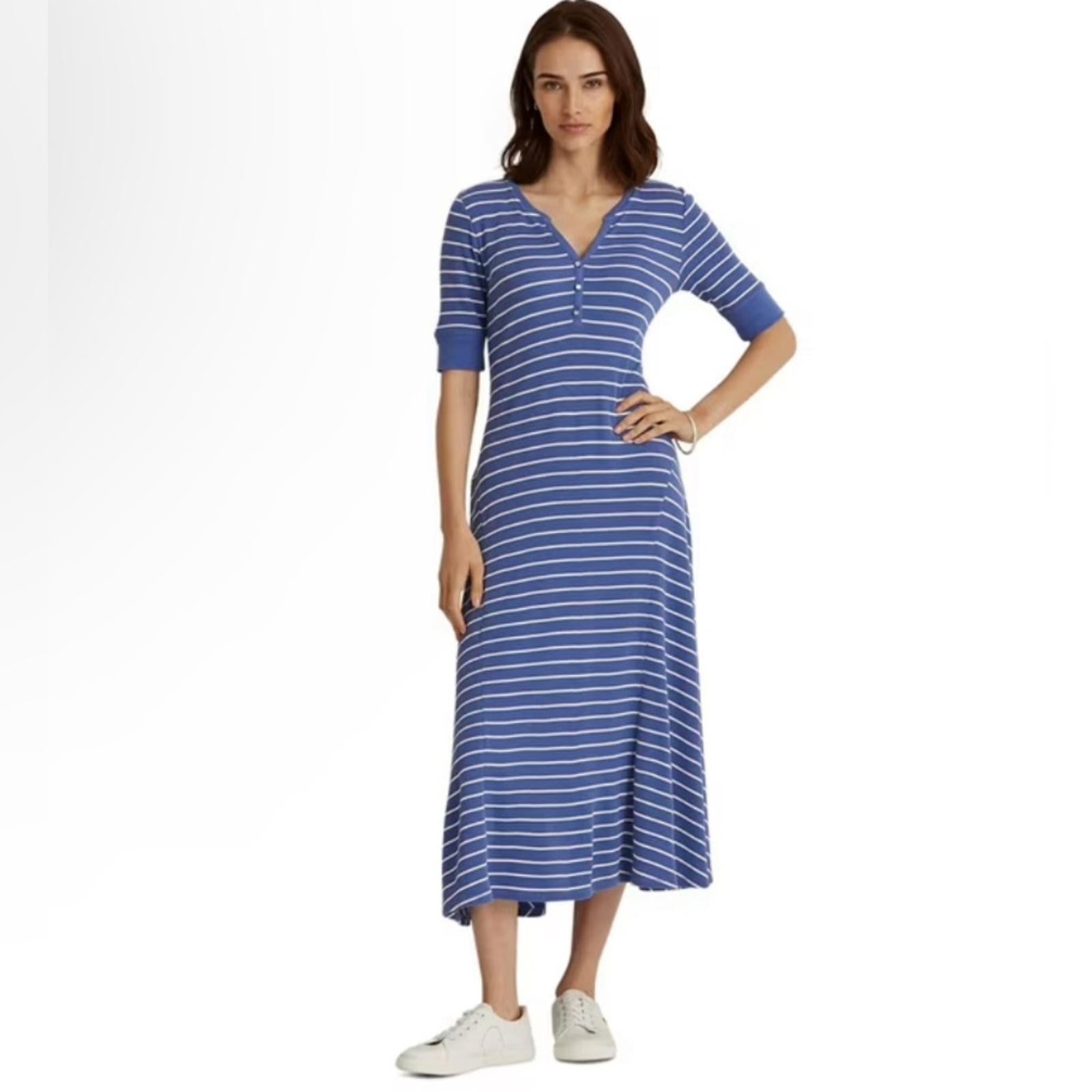 Ralph Lauren Front Button V-Neck Dress in Blue & White Stripes, NEW, Size XL