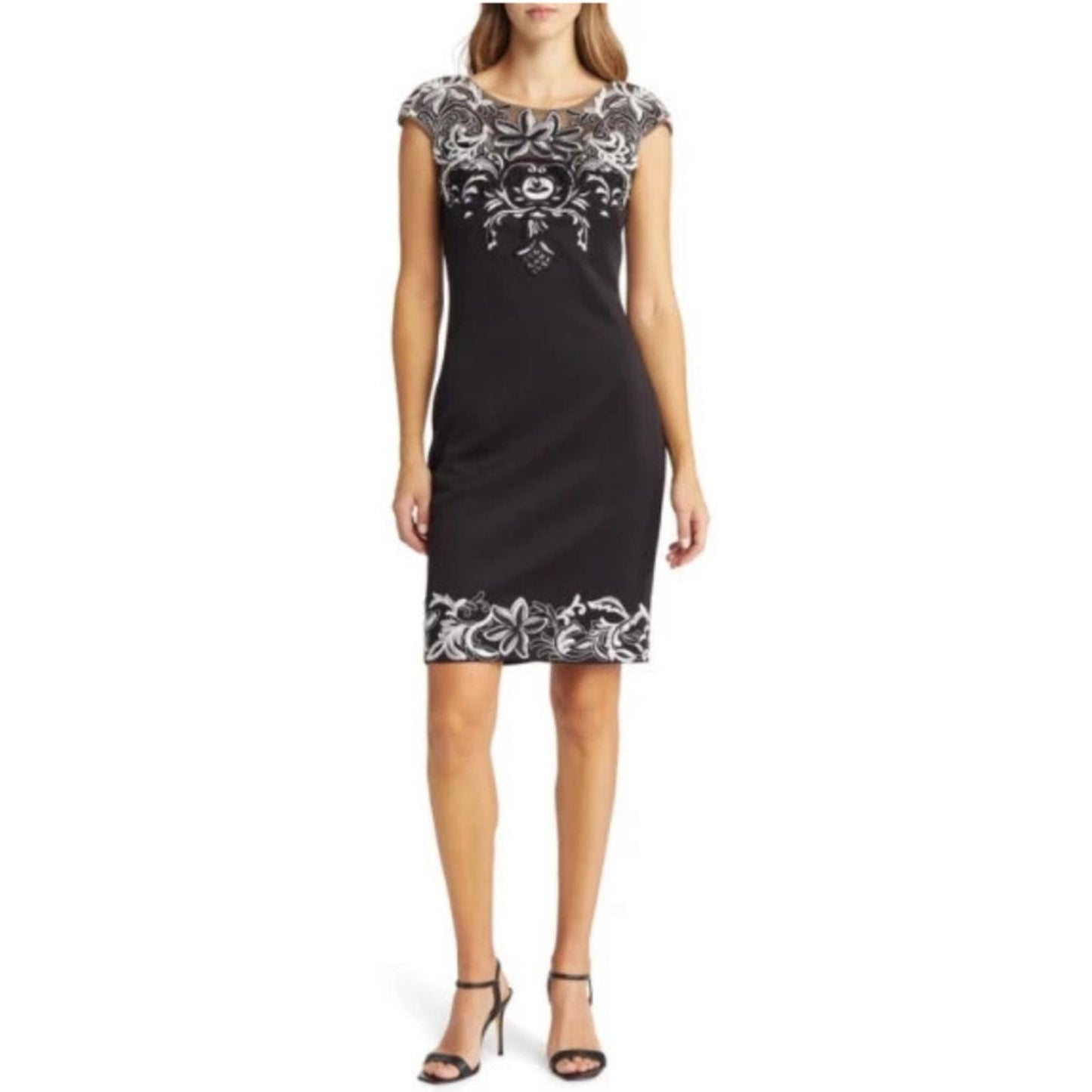 Xscape Embroidered Appliqué Scuba Crepe Cocktail Dress in Black/White Size 6 NWT