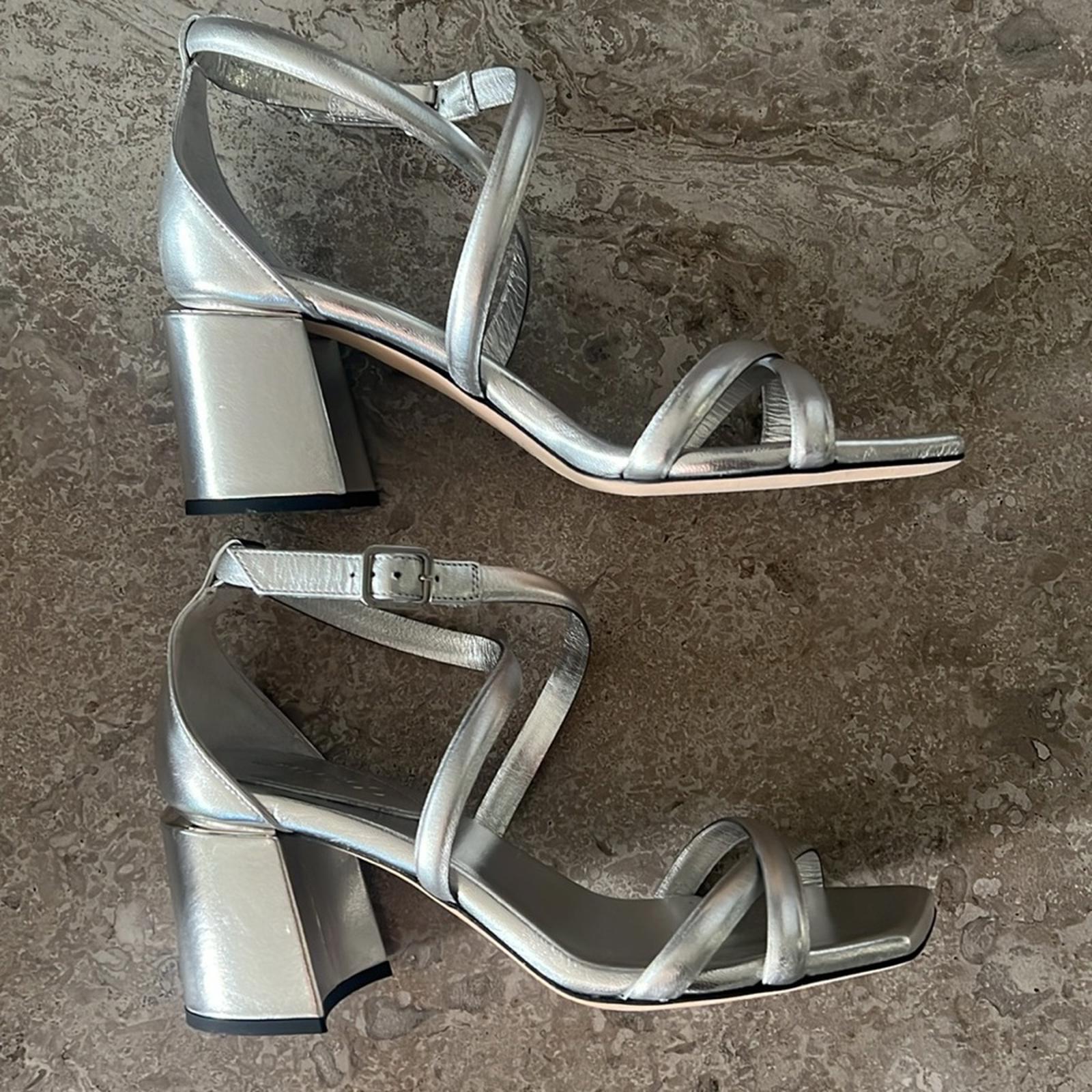 Jimmy Choo Rheea 65 Block Heel Sandals in Silver, Size 36 New in Box w/DustBag