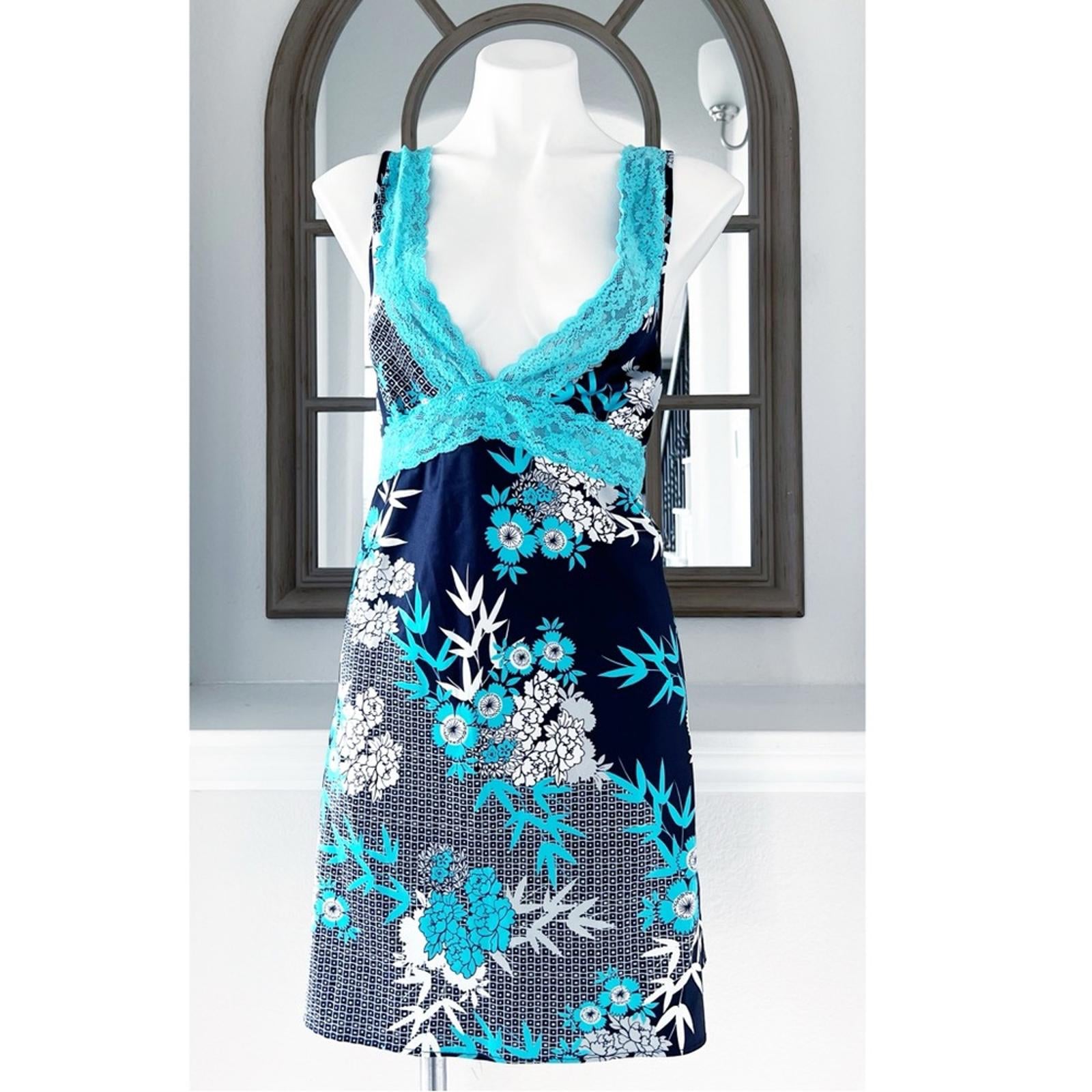 Jones NY Floral Lace Trim Lingerie Satin Sleepwear Dress, Size XL Blue Multi