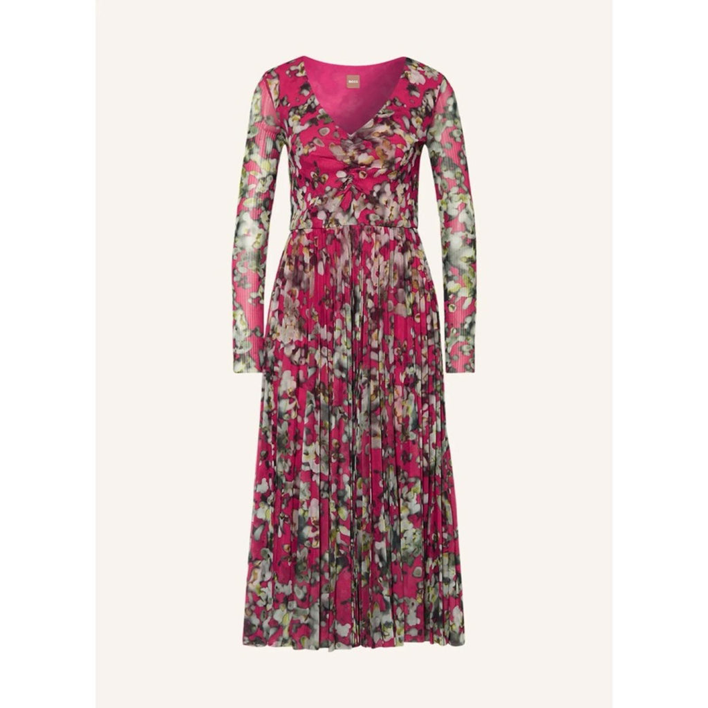 HUGO BOSS Long Sleeve Dress in Plissé Tulle with Seasonal Print Size S NEW w/Tag