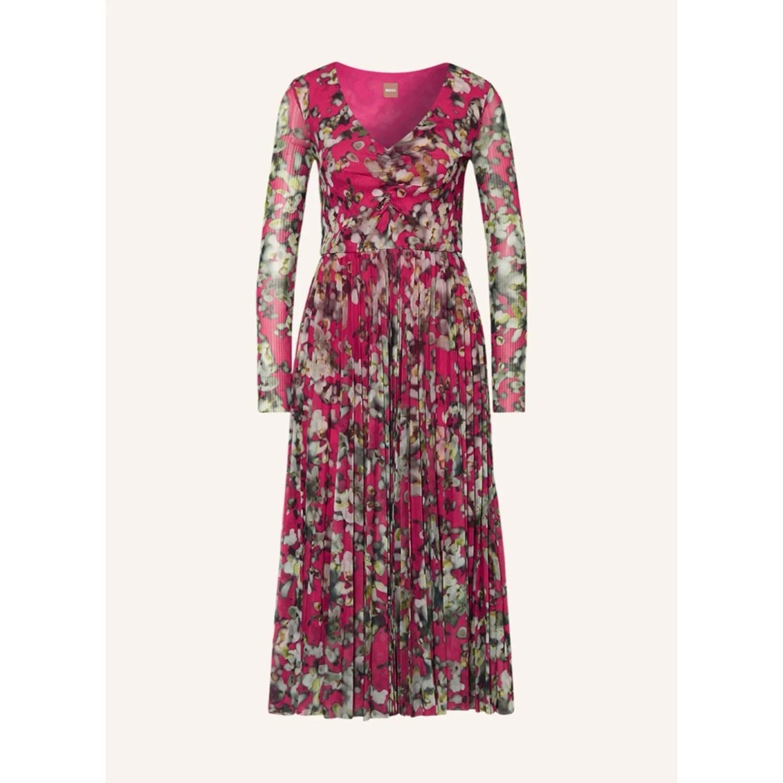 HUGO BOSS Long Sleeve Dress in Plissé Tulle with Seasonal Print Size S NEW w/Tag