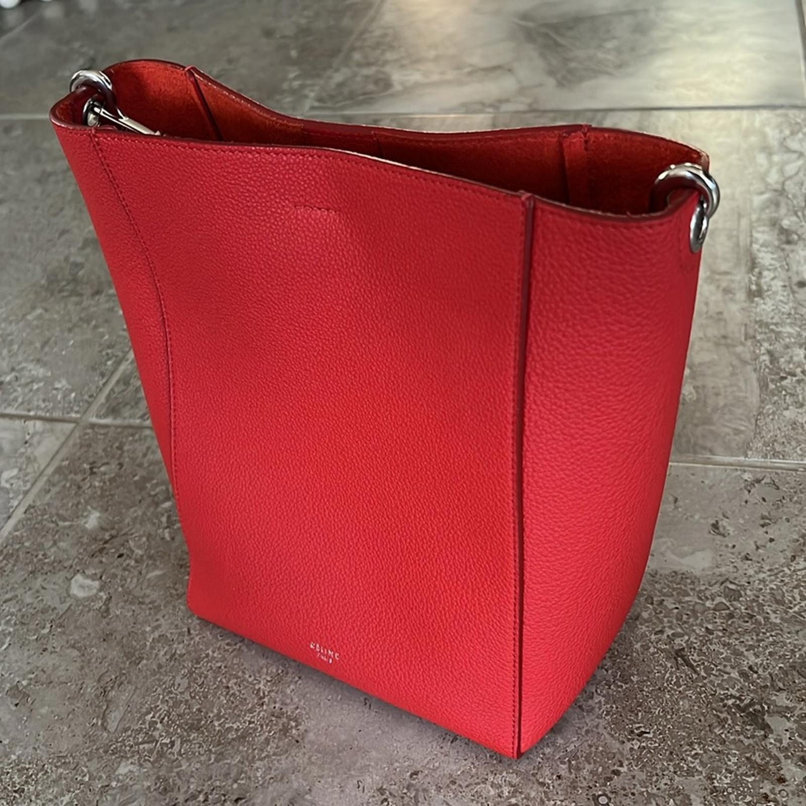 Celine Sangle Small Bucket Bag in Small Grain Calfskin in Red, Like NEW